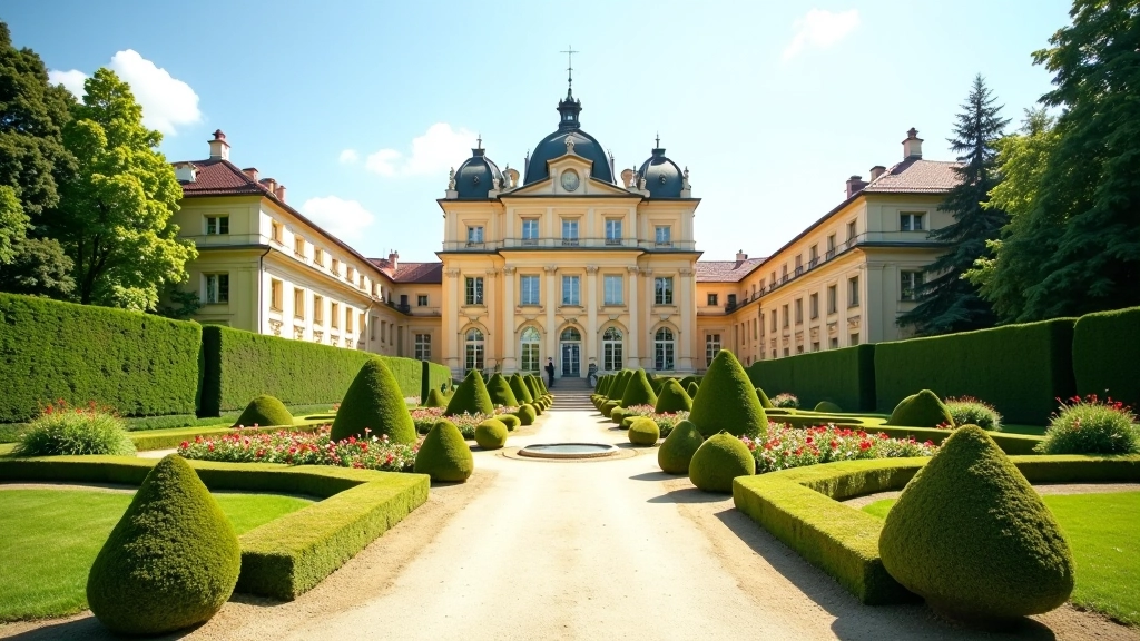 Klasiskā parka dārza skats ar ornamentiālajiem augiem